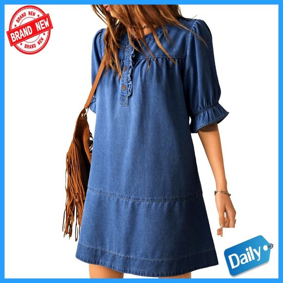 Dresses & Skirts - Denim Babydoll Dress Casual Button Front Ruffle Sleeve Loose Fit Mini
